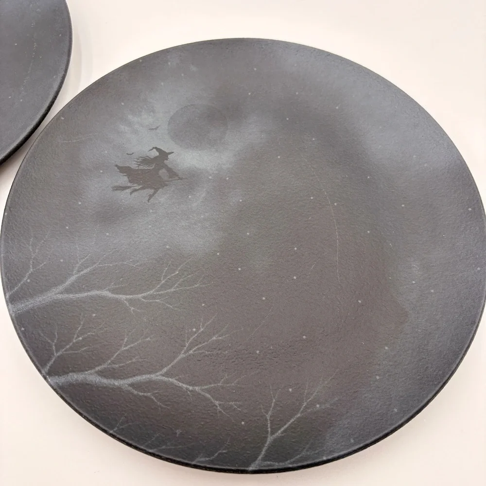 Mesa Brasil Halloween Witch Moon Dinner Plates Set of 2 Black Matte Spooky